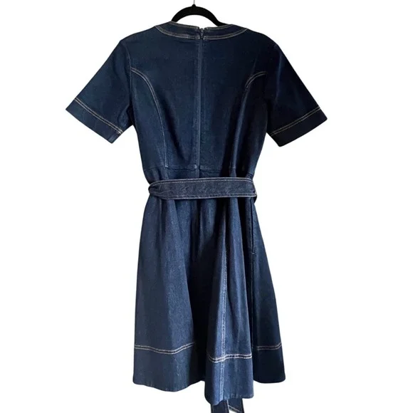Boden Denim Dress Gold Stitching Pockets Belted Midi Vibrant Blue Wash Cotton - Picture 6 of 10